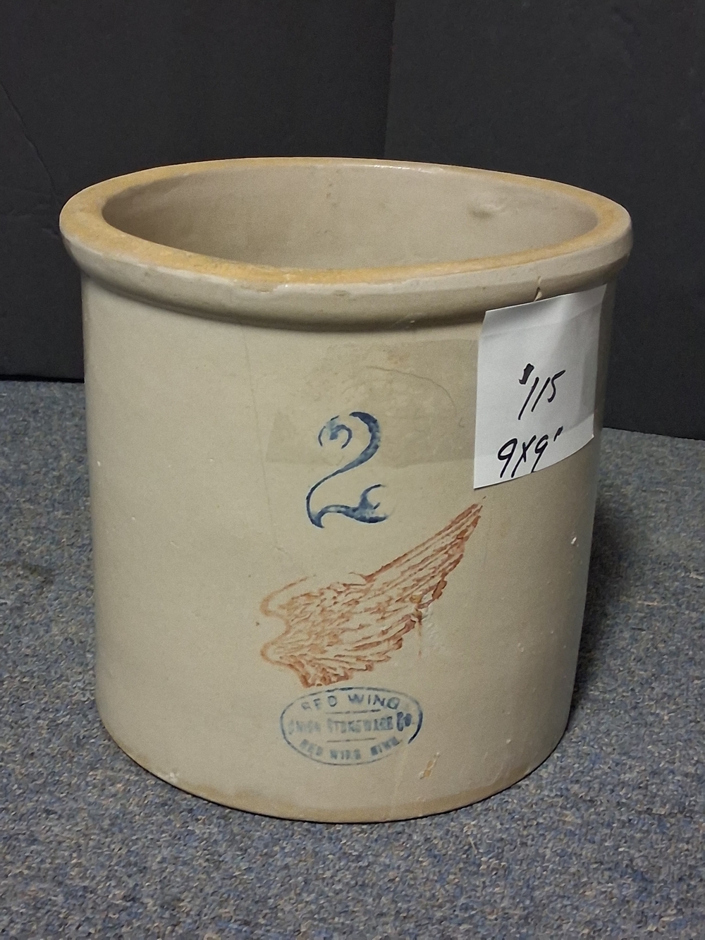 Antique Red Wing Stoneware 2-Gallon Crock with Wing Motif - Beige